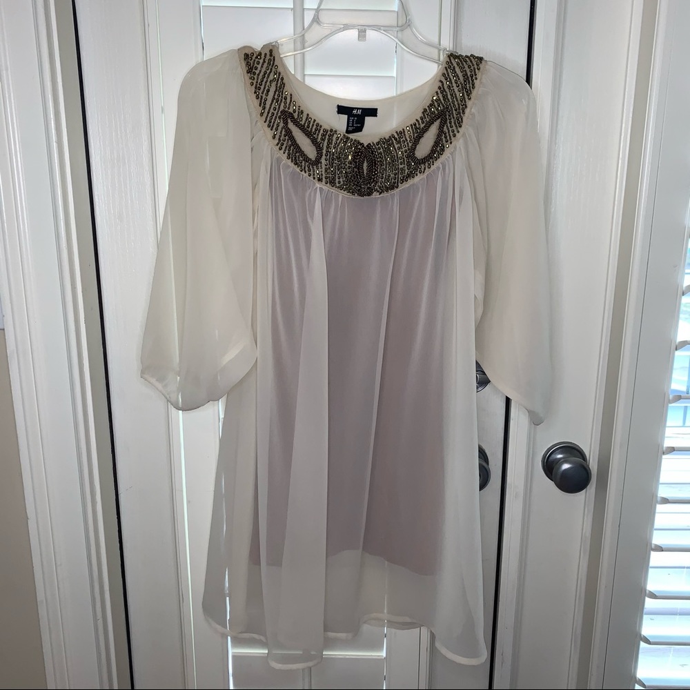 H&M Sheer Ivory Jeweled Dress SZ 2 + Long Tank For Underneath Both LIKE NEW